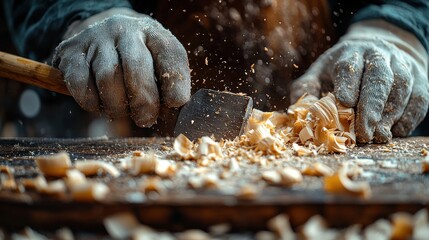 Skilled carpenter s weathered hands working on a woodworking project shaping and crafting a wooden object in a rustic industrial workshop filled with tools equipment and sawdust