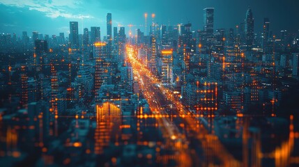Breathtaking aerial view of a bustling metropolitan city at night showcasing the dazzling skyline of towering skyscrapers intricate road networks