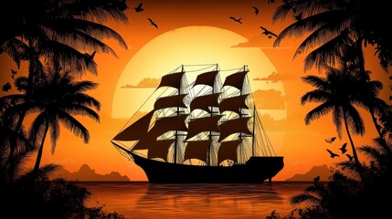 Silhouette of a sailing ship at sunset amongst tropical palms.