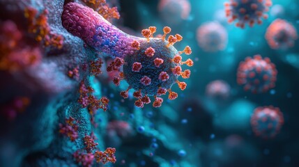 Closeup microscopic view of novel coronavirus SARS CoV 2 particles responsible for the ongoing global COVID 19 pandemic outbreak  Detailed scientific of the infectious disease s molecular structure