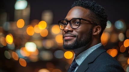 Confident and Serious Looking African American Businessman in Suit and Tie Overlooking Glowing Cityscape with Lights and Bokeh Effect at Night
