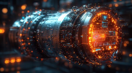 Futuristic cyberpunk inspired glowing and illuminated energy sphere explosion over a dark urban cityscape backdrop  3D digital with neon lights technology and abstract architectural elements