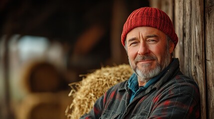 Friendly Elderly Man with Grey Beard Wearing a Red Knit Hat Leaning Against a Weathered Wooden Wall in a Cozy Rustic Cabin or Shed Setting