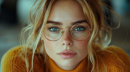 Portrait of a confident and thoughtful young blonde woman with glasses in a studio setting conveying a sense of introspection and modern style
