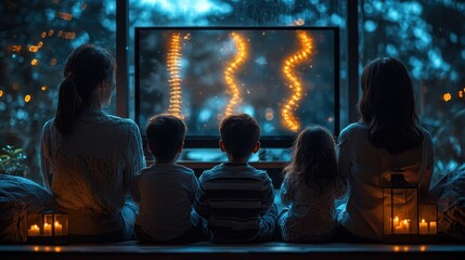Family silhouettes sitting together and enjoying a cozy winter night while gazing out the candlelit window creating a heartwarming atmospheric and nostalgic scene of togetherness
