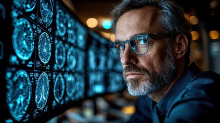 Thoughtful and focused medical specialist or neuroscientist examining and analyzing detailed MRI brain scan images displayed on multiple high tech medical monitors in a research laboratory or