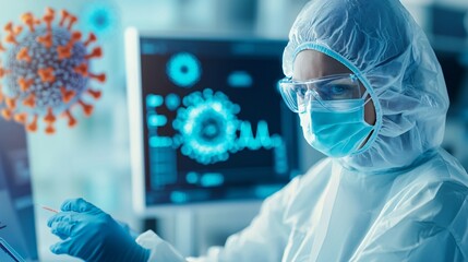 Scientist in PPE Analyzing Virus Sample Data on Computer Screen