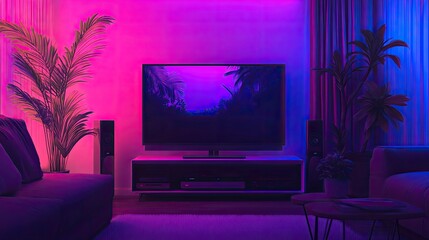 Neon Living Room Tropical TV Night.
