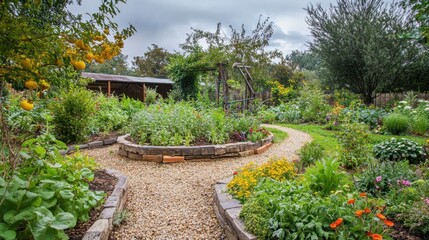Fototapeta premium A permaculture garden with diverse plants, rainwater harvesting, and composting.