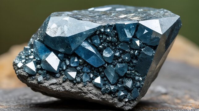 Macro view of a rough, uncut kimberlite diamond ore rock specimen, showcasing its characteristic blue-grey color and sparkly, metallic mineral inclusions.
