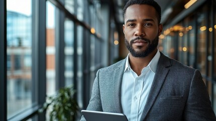 Fototapeta premium Confident and well dressed corporate executive standing in front of large office building window portraying a successful urban professional lifestyle