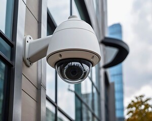 A smart surveillance camera is installed at the corner of a modern building, with a soft-focus city skyline and clouds reflecting in the glass.