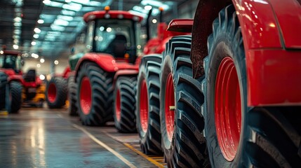 Red Tractors Await Delivery Factory Lineup.