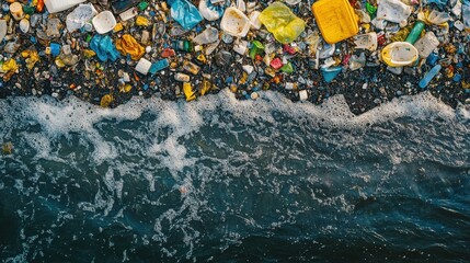 Obraz premium The image depicts a shoreline littered with colorful plastic waste, highlighting the environmental pollution affecting water bodies and ecosystems.