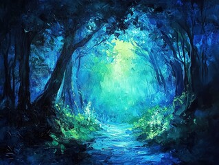 Obraz premium Dreamy forest path with glowing light through the trees in blue tones.