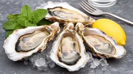 Open-shell oysters on ice with lemon in top view on a gray background, accompanied by fresh mint leaves, a fork, and a glass of water, showcasing a natural delicacy in a close-up real photo.