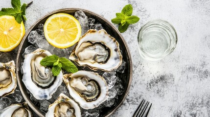 Gray background highlights top-view oysters on ice with lemon in open shells, fresh mint leaves, a fork, and a glass of water, capturing a natural delicacy concept in a detailed real photo.