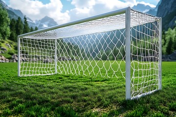 Soccer goal net on green field mountain scenery background