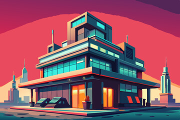 An architectural design in a digital art style of a modern structure with geometric forms, featuring clean lines and a contemporary aesthetic set against an abstract background. generative AI
