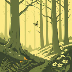 : Beneath the towering emerald canopy shafts of gol vector art. © Shafikul Islam