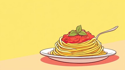 Spaghetti Illustration With Tomato Sauce And Basil On Yellow Background. Delicious Italian Food.