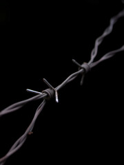 Close-up of barbed wire, showing rust and sharp points against a dark background, emphasizing its restrictive and potentially dangerous nature.
