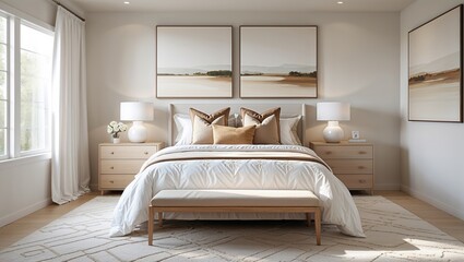 a modern, minimalist bedroom with a neutral color palette. The room features a large bed with a white comforter and beige throw pillows
