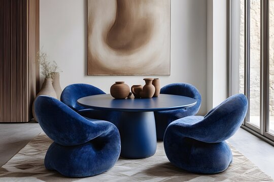Japandi, minimalist interior design of modern living room. Dining room with blue dining table and stylish chairs.


