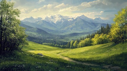 Obraz premium Outdoor Mountain. Serene Spring View of Calm and Tranquil Mountain Landscape