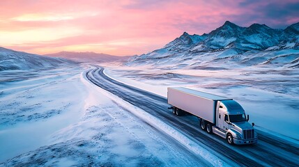 Semi truck driving on snowy highway through mountain landscape at colorful winter sunset in remote region
