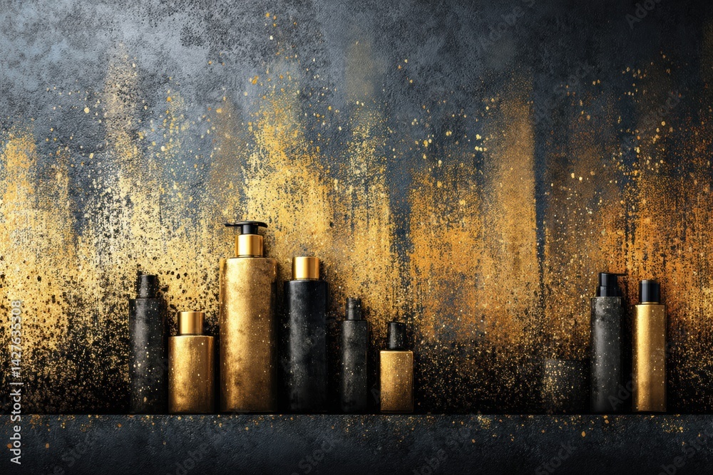 Poster luxurious minimalist composition featuring black and gold gradient with elegant oil containers displ