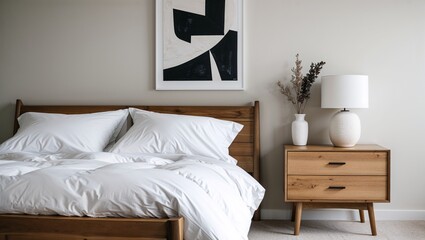  a minimalist and modern bedroom interior. The layout features a wooden bed frame with crisp white bedding