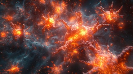 Fototapeta premium Dramatic cosmic explosion in a fiery display of vibrant hues and intense energy This captivating image depicts the power and chaos of a celestial event