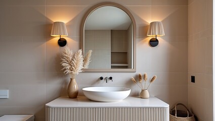 Modern bathroom interior design features a clean, contemporary style with a luxurious bathtub, sink, and mirror
