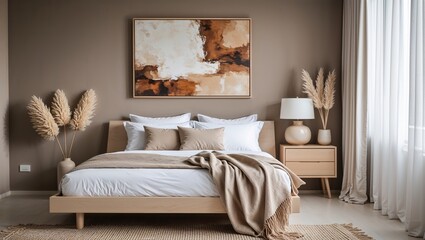 Fototapeta premium Luxury bedroom interior showcases a comfortable bed with pillows and a lamp in a beautifully designed room