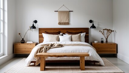 A comfortable bedroom interior features a luxurious bed with pillows, a stylish lamp, and elegant home decor