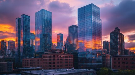 Stunning sunset over modern skyscrapers reflecting vibrant colors in city