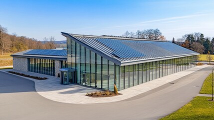 Naklejka premium Modern EcoFriendly Building with Solar Panels.