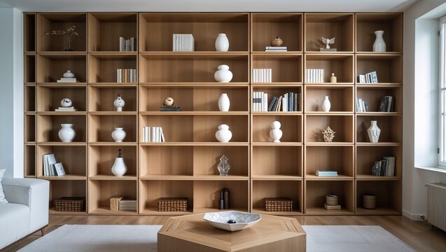 A vintage wooden cabinet with glass shelves displays jars and books in a cozy home interiorA vintage wooden cabinet with glass shelves displays jars and books in a cozy home interior