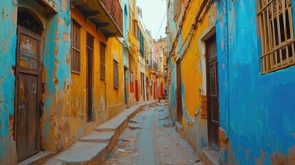 Fototapeta premium Vibrant Alleyway with Colorful Houses, Old City, and Africa.
