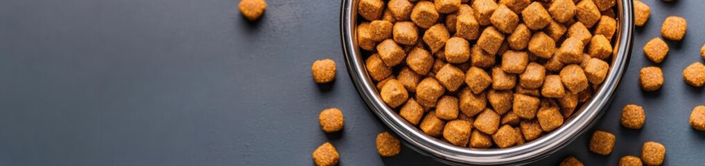 Dry dog food in bowl with scoop and clipping concept. A bowl filled with crunchy golden snacks on a dark surface.