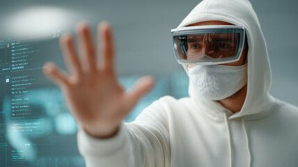 Tech-Savvy Vision: A person wearing futuristic smart glasses and a protective mask, exploring virtual reality and augmented reality.