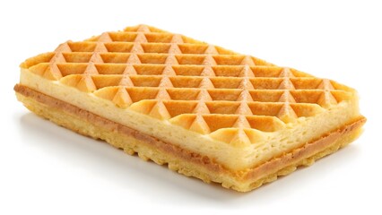 One golden waffle on a white background, high resolution, professional stock photo style, crisp texture, natural lighting, sharp focus.