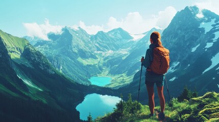 Naklejka premium solo woman traveler hiking in the mountains, embracing the concept of eco-friendly travel and adventure. Surrounded by nature's beauty, she experiences the freedom and serenity of exploring remote lan