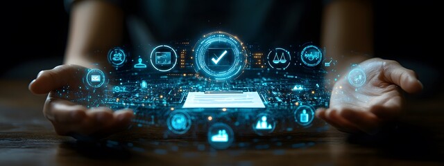 Digital compliance and data security with holographic document and legal protection icons in dark background
