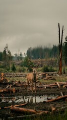 Solitary deer standing in deforested area with misty sky, fallen logs, environmental impact, somber mood

