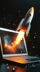 Startup concept with rocket flying out of laptop screen on black background. Sideview, 3D Rendering