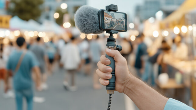 Capturing the Moment: A close-up shot showcases a hand holding a smartphone, recording a bustling outdoor event.