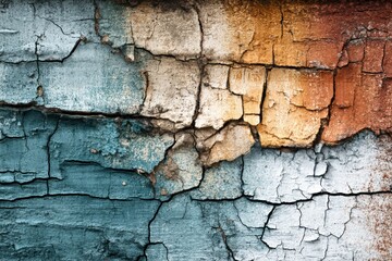 Obraz premium Macro View of Cracked Paint Revealing Vibrant Colors and Abstract Patterns on an Aged Wall Surface