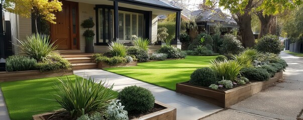 Naklejka premium Modern Australian house exterior with well designed front yard. Artificial grass lawn bordered with timber edging. Large flowerbeds showcase various plants. Pathway leads to front door
